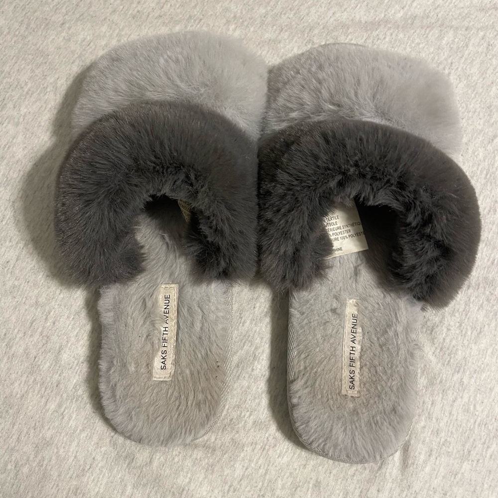 Saks Fifth Avenue Faux Fur Slippers Gray Plush Slip On Cozy Slides Women